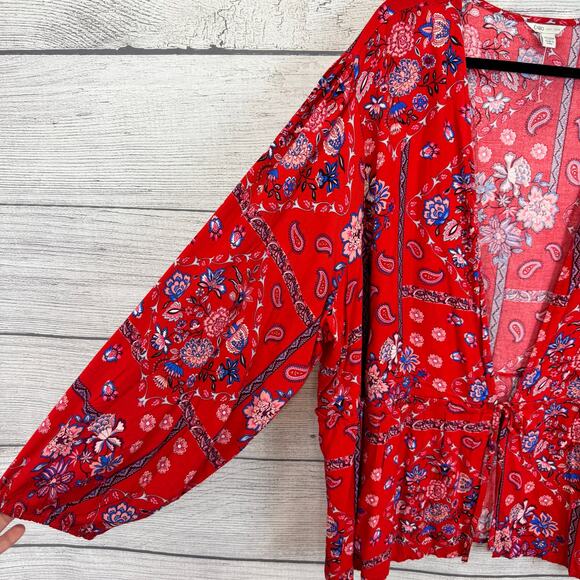 Cato Plus Size Red Floral Tie Front Long Sleeve Blouse Size 26/28W - Picture 2 of 6